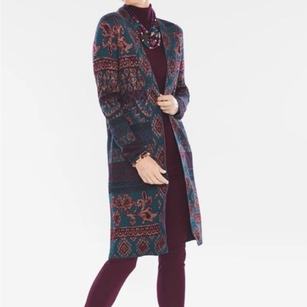 Chico's Tapestry Jacquard Knit Long‎ Line Cardigan duster Sweater